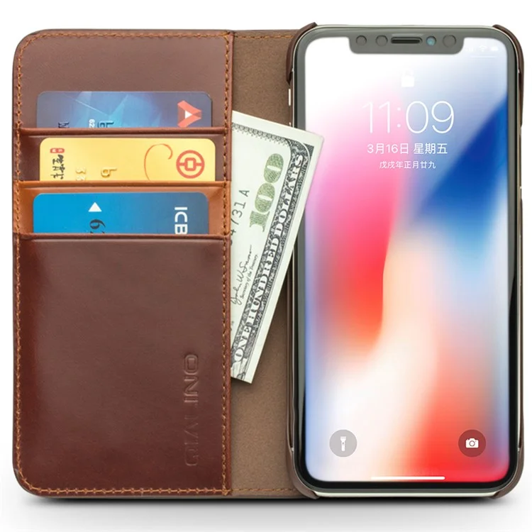 QIALINO Business Style Genuine Leather Wallet Mobile Phone Case for iPhone X / Xs 5.8 inch - Brown-Cellmalls