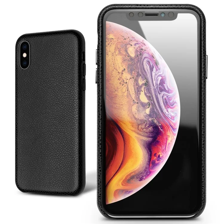 QIALINO Classic Litchi Texture Calf Skin Genuine Leather Coated PC Back Case for iPhone XS Max 6.5 inch - Black-Cellmalls