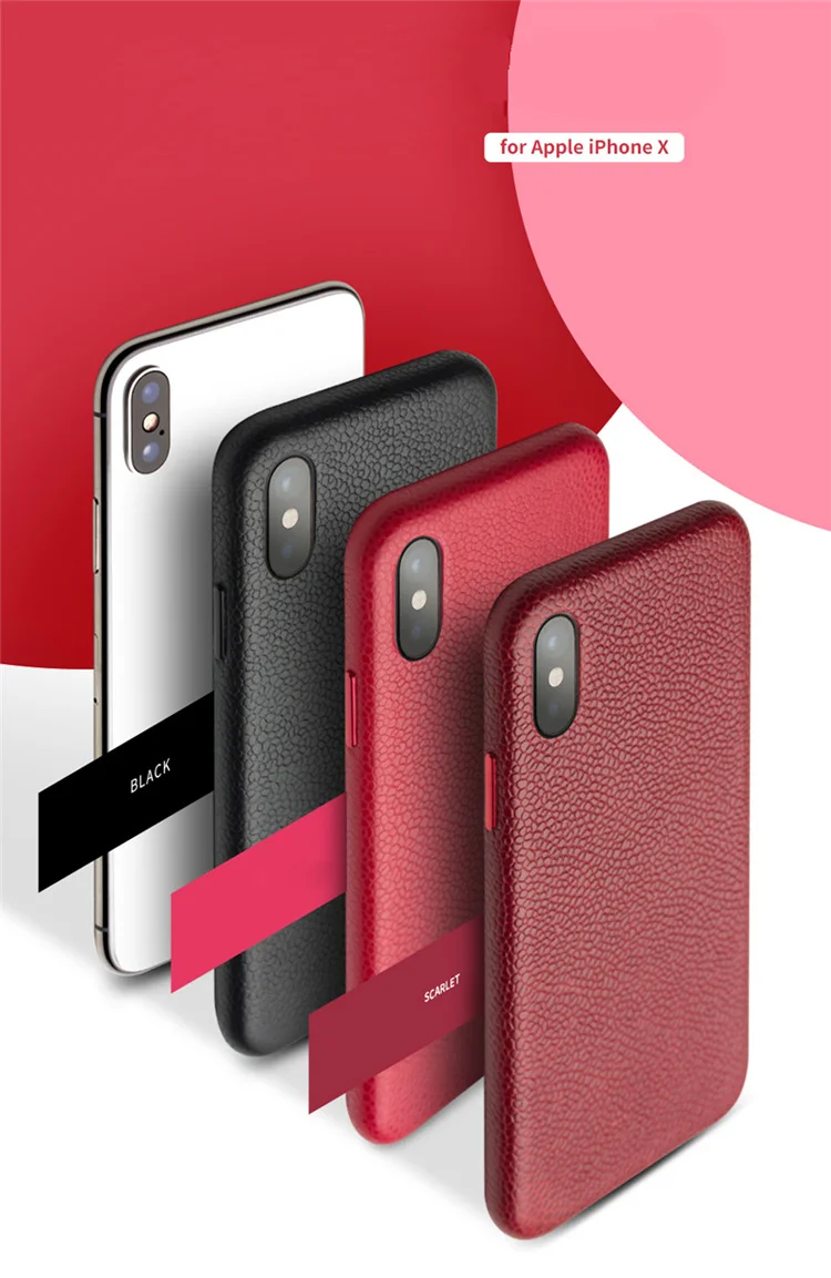 QIALINO Classic Litchi Texture Calf Skin Genuine Leather Coated Plastic Thin Cover Accessory for iPhone X/ XS 5.8 inch - Red-Cellmalls