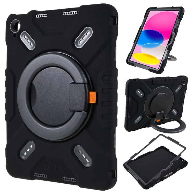 PEPKOO For iPad (2025) / 10.9 (2022) Tablet Case 360 Degree Rotation Kickstand Silicone+PC+ABS Tablet Cover - Black-Cellmalls