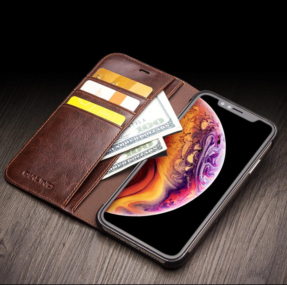 QIALINO Genuine Cowhide Leather Phone Case for iPhone XR 6.1 inch, Full Protection Folio Flip Wallet Mobile Cover - Black-Cellmalls