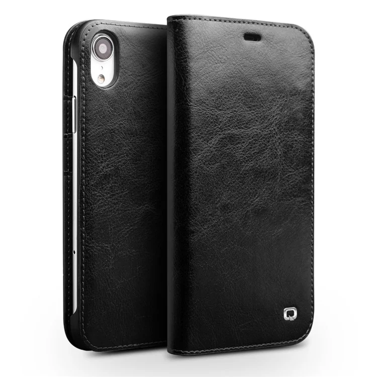 QIALINO Genuine Cowhide Leather Phone Case for iPhone XR 6.1 inch, Full Protection Folio Flip Wallet Mobile Cover - Black-Cellmalls
