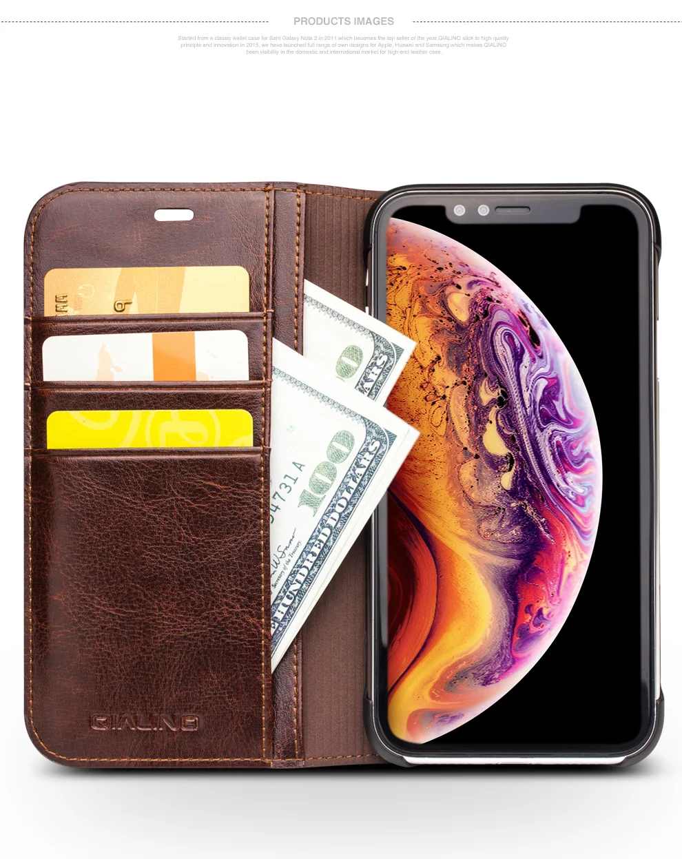 QIALINO Genuine Cowhide Leather Phone Case for iPhone XR 6.1 inch, Full Protection Folio Flip Wallet Mobile Cover - Black-Cellmalls