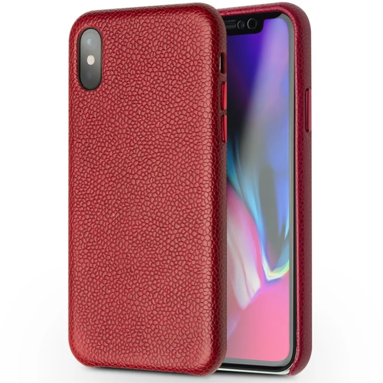 QIALINO Classic Litchi Texture Calf Skin Genuine Leather Coated Plastic Thin Cover Accessory for iPhone X/ XS 5.8 inch - Red-Cellmalls
