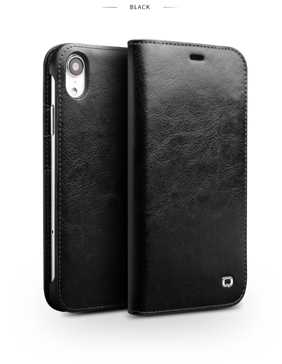QIALINO Genuine Cowhide Leather Phone Case for iPhone XR 6.1 inch, Full Protection Folio Flip Wallet Mobile Cover - Black-Cellmalls