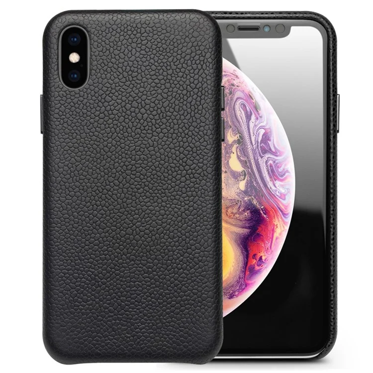 QIALINO Classic Litchi Texture Calf Skin Genuine Leather Coated PC Back Case for iPhone XS Max 6.5 inch - Black-Cellmalls
