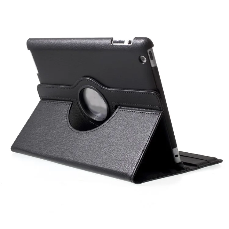 Litchi Skin PU Leather 360 Degree Rotary Stand Folio Case with Elastic Band for iPad 4 / 3 / 2 - Black-Cellmalls
