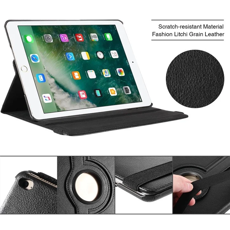 Litchi Grain 360 Swivel Smart Stand Leather Tablet Cover for iPad 9.7-inch (2018) / 9.7-inch (2017) - Black-Cellmalls