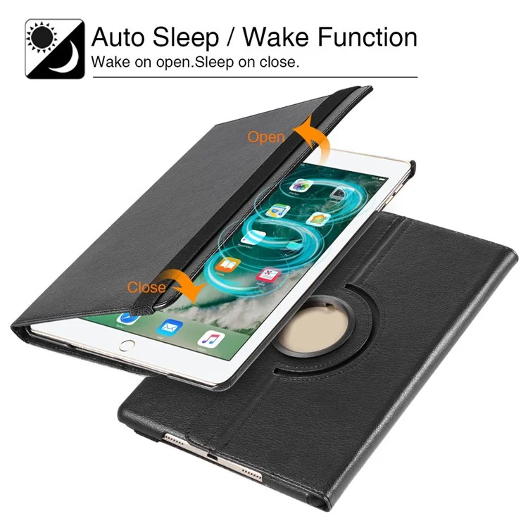 Litchi Grain 360 Swivel Smart Stand Leather Tablet Cover for iPad 9.7-inch (2018) / 9.7-inch (2017) - Black-Cellmalls
