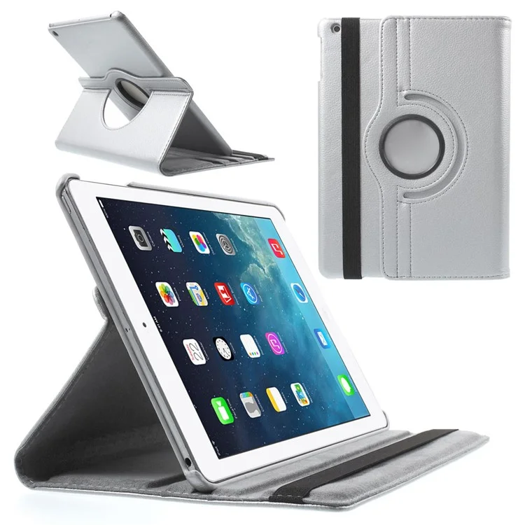 360 Degree Rotating Litchi Leather Smart Case for iPad Air - Silver-Cellmalls