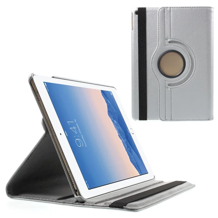 360 Degree Rotary Stand Litchi Grain Smart Leather Case for iPad Air 2 - Silver-Cellmalls
