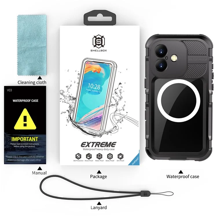 SHELLBOX M Series For iPhone 16 IP68 Waterproof Case Metal Diving Phone Cover Compatible with MagSafe - Black-Cellmalls
