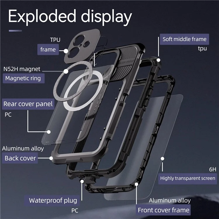 SHELLBOX M Series For iPhone 16 IP68 Waterproof Case Metal Diving Phone Cover Compatible with MagSafe - Black-Cellmalls