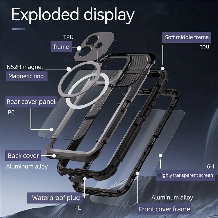SHELLBOX M Series For iPhone 16 Plus IP68 Waterproof Case Metal Diving Phone Cover Compatible with MagSafe - Black-Cellmalls