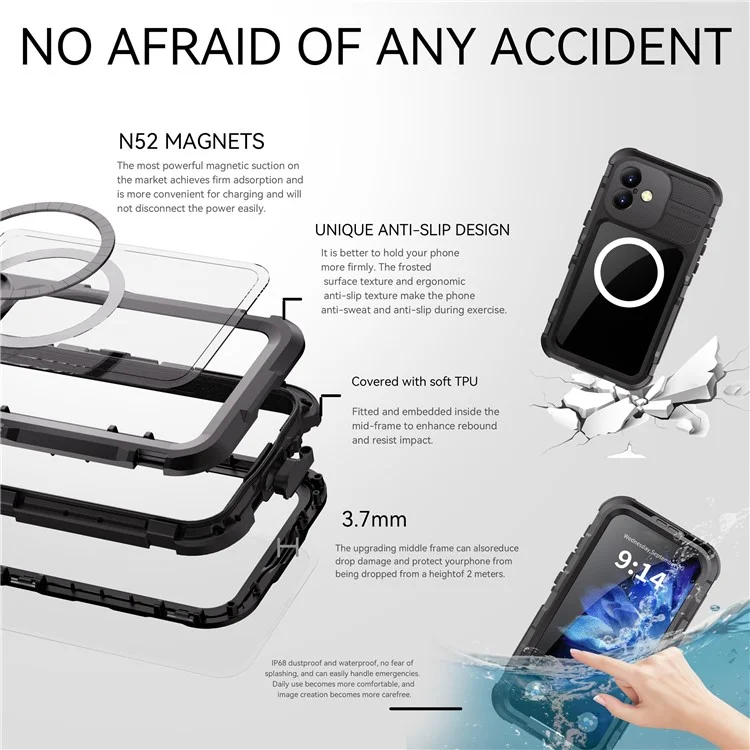 SHELLBOX M Series For iPhone 16 Plus IP68 Waterproof Case Metal Diving Phone Cover Compatible with MagSafe - Black-Cellmalls