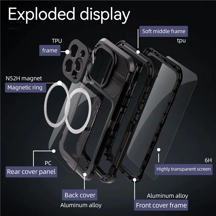 SHELLBOX M Series For iPhone 16 Pro IP68 Waterproof Case Metal Diving Phone Cover Compatible with MagSafe - Black-Cellmalls