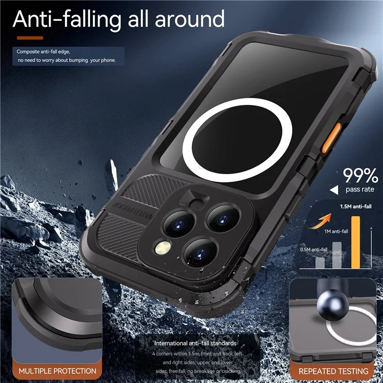 SHELLBOX M Series For iPhone 16 Pro IP68 Waterproof Case Metal Diving Phone Cover Compatible with MagSafe - Black-Cellmalls
