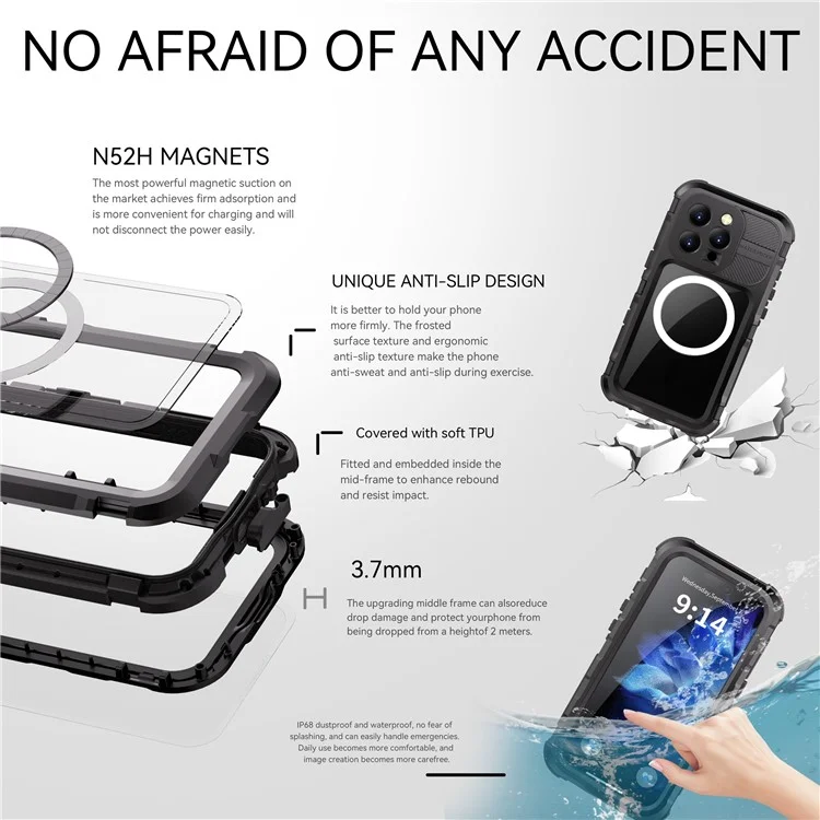 SHELLBOX M Series For iPhone 16 Pro IP68 Waterproof Case Metal Diving Phone Cover Compatible with MagSafe - Black-Cellmalls