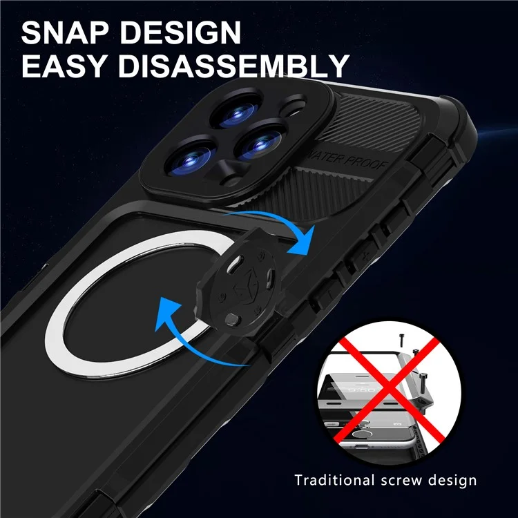 SHELLBOX M Series For iPhone 16 Pro Max IP68 Waterproof Case Metal Diving Phone Cover Compatible with MagSafe - Black-Cellmalls