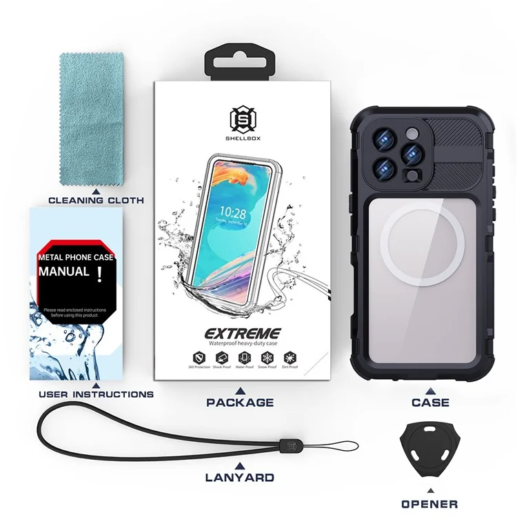 SHELLBOX M Series For iPhone 16 Pro Max IP68 Waterproof Case Metal Diving Phone Cover Compatible with MagSafe - Black-Cellmalls