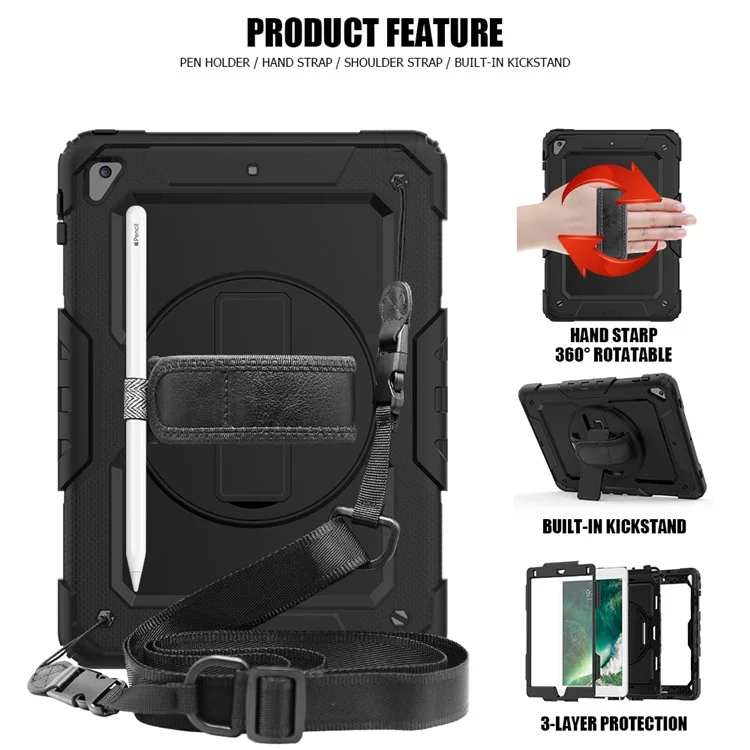 For iPad 9.7-inch (2018)/(2017)/Air 2/iPad Pro 9.7 inch (2016) 360° Swivel Handy Strap Kickstand Tablet Case PC Silicone Cover with Shoulder Strap - All Black-Cellmalls