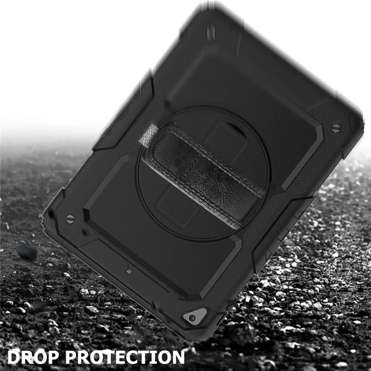 For iPad 9.7-inch (2018)/(2017)/Air 2/iPad Pro 9.7 inch (2016) 360° Swivel Handy Strap Kickstand Tablet Case PC Silicone Cover with Shoulder Strap - All Black-Cellmalls