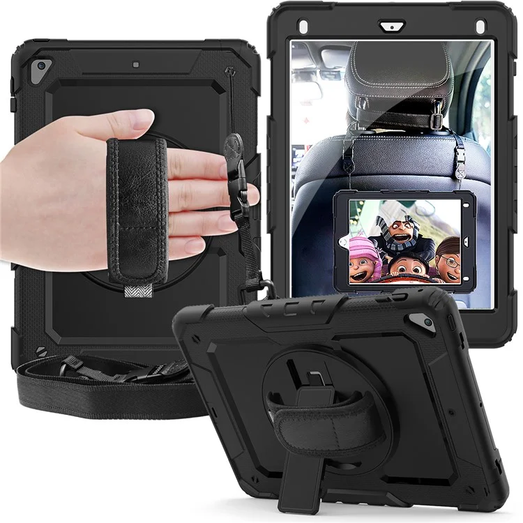 For iPad 9.7-inch (2018)/(2017)/Air 2/iPad Pro 9.7 inch (2016) 360° Swivel Handy Strap Kickstand Tablet Case PC Silicone Cover with Shoulder Strap - All Black-Cellmalls