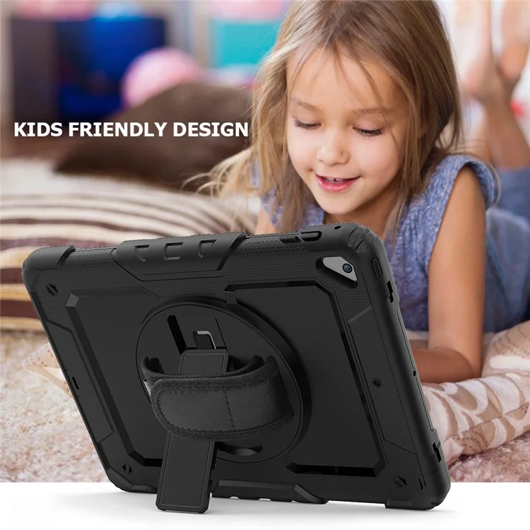 For iPad 9.7-inch (2018)/(2017)/Air 2/iPad Pro 9.7 inch (2016) 360° Swivel Handy Strap Kickstand Tablet Case PC Silicone Cover with Shoulder Strap - All Black-Cellmalls