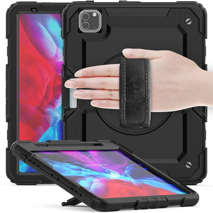 For iPad Pro 11-inch (2022) / (2021) / (2020) / (2020) / (2018) 360-degree Swivel Kickstand Tablet Case Hand Strap PC + Silicone Shell with Shoulder Strap - All Black-Cellmalls