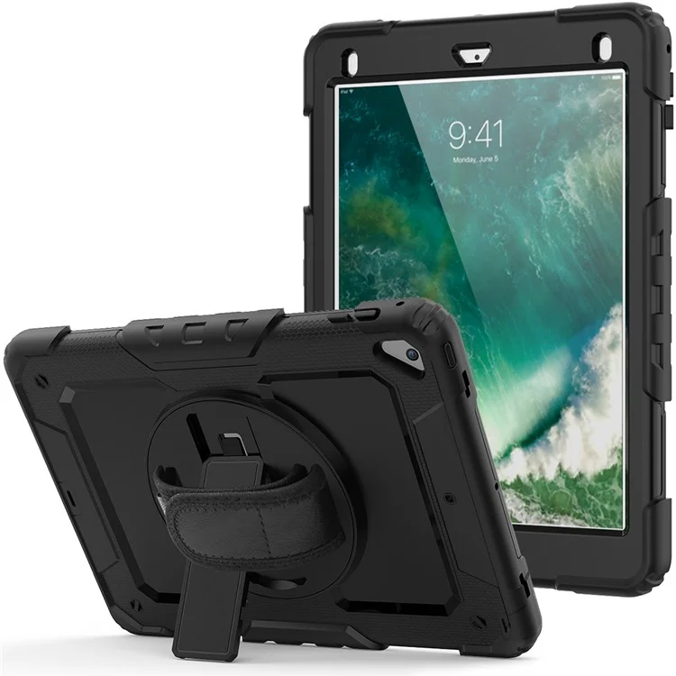 For iPad 9.7-inch (2018)/(2017)/Air 2/iPad Pro 9.7 inch (2016) 360° Swivel Handy Strap Kickstand Tablet Case PC Silicone Cover with Shoulder Strap - All Black-Cellmalls