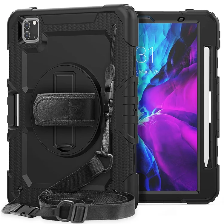 For iPad Pro 11-inch (2022) / (2021) / (2020) / (2020) / (2018) 360-degree Swivel Kickstand Tablet Case Hand Strap PC + Silicone Shell with Shoulder Strap - All Black-Cellmalls