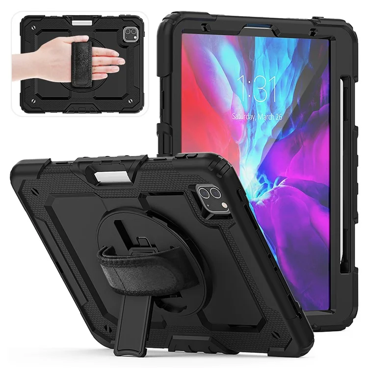 For iPad Pro 11-inch (2022) / (2021) / (2020) / (2020) / (2018) 360-degree Swivel Kickstand Tablet Case Hand Strap PC + Silicone Shell with Shoulder Strap - All Black-Cellmalls