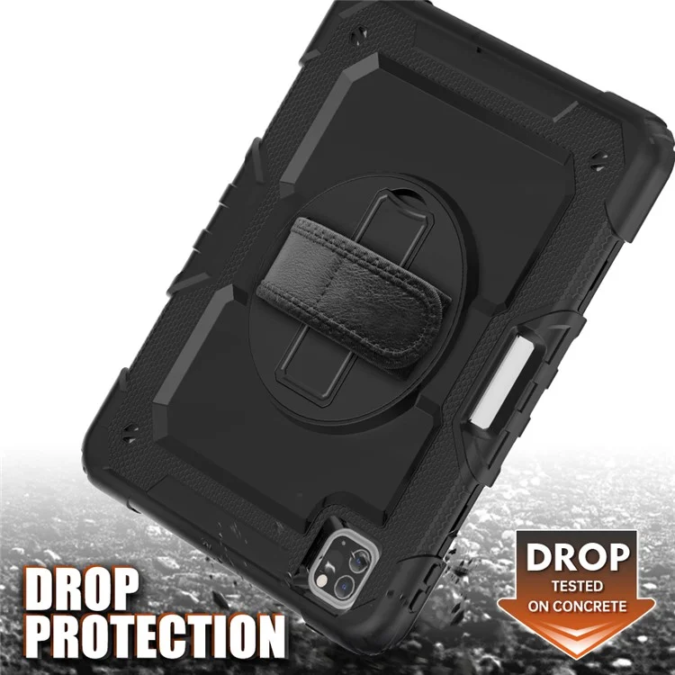 For iPad Pro 11-inch (2022) / (2021) / (2020) / (2020) / (2018) 360-degree Swivel Kickstand Tablet Case Hand Strap PC + Silicone Shell with Shoulder Strap - All Black-Cellmalls