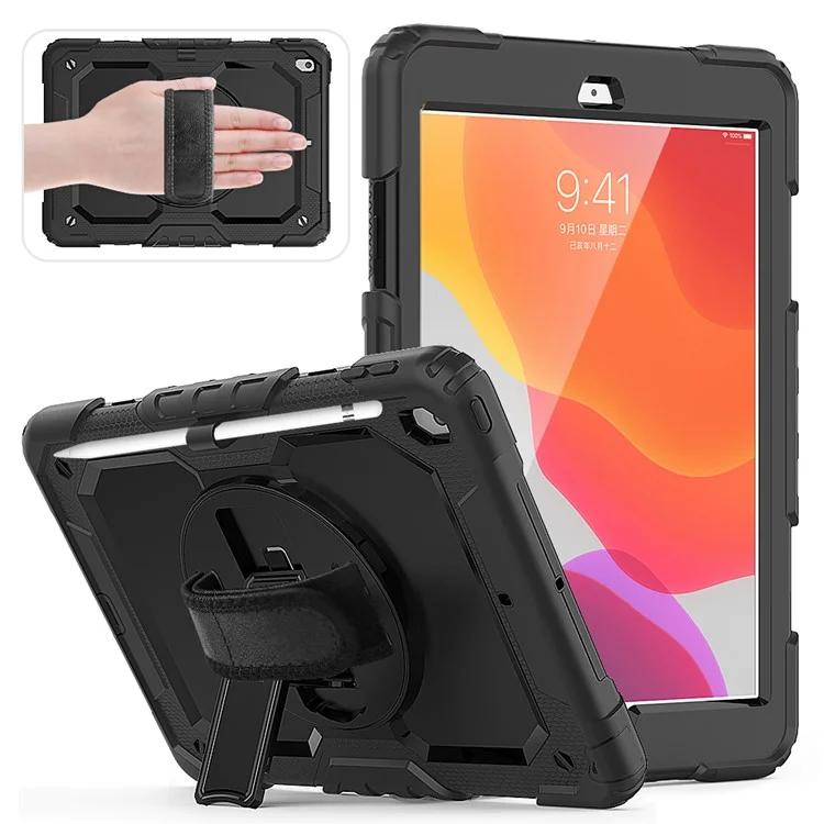 For iPad 10.2 (2020) / (2019) 360° Swivel Kickstand PC + Silicone Tablet Case Hand Strap Protective Cover with Shoulder Strap - All Black-Cellmalls