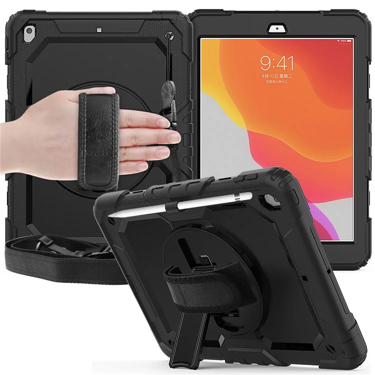 For iPad 10.2 (2020) / (2019) 360° Swivel Kickstand PC + Silicone Tablet Case Hand Strap Protective Cover with Shoulder Strap - All Black-Cellmalls