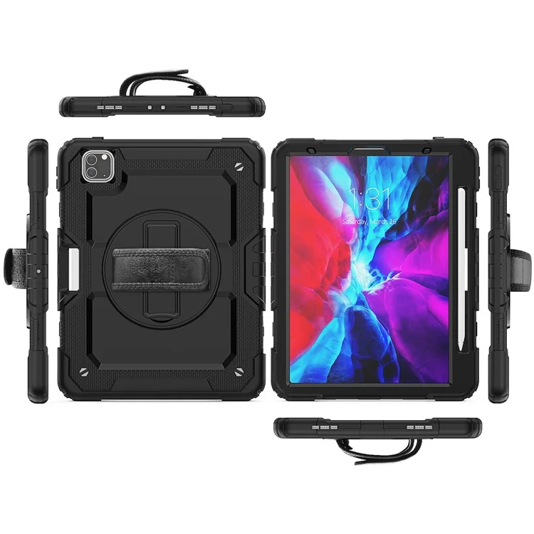 For iPad Pro 11-inch (2022) / (2021) / (2020) / (2020) / (2018) 360-degree Swivel Kickstand Tablet Case Hand Strap PC + Silicone Shell with Shoulder Strap - All Black-Cellmalls