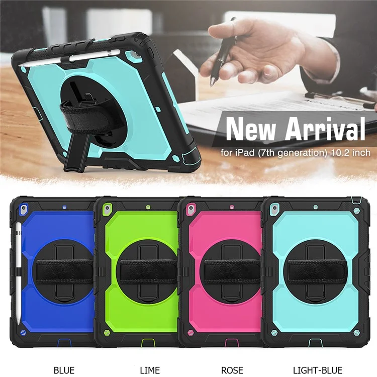 For iPad 10.2 (2020) / (2019) 360° Swivel Kickstand PC + Silicone Tablet Case Hand Strap Protective Cover with Shoulder Strap - All Black-Cellmalls