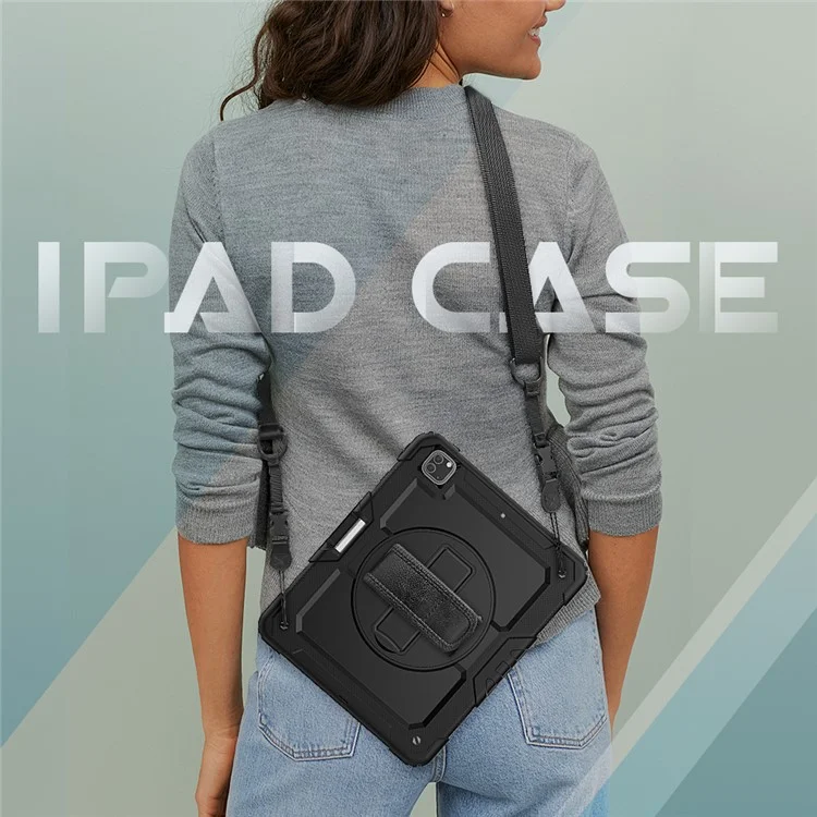 Tablet Case for iPad Pro 12.9 (2022) / (2021) / (2020) / (2018) Swivel Kickstand Hand Strap PC + Silicone Cover with Shoulder Strap - Black-Cellmalls