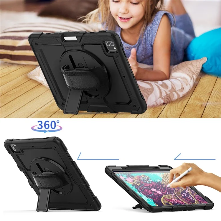 Tablet Case for iPad Pro 12.9 (2022) / (2021) / (2020) / (2018) Swivel Kickstand Hand Strap PC + Silicone Cover with Shoulder Strap - Black-Cellmalls