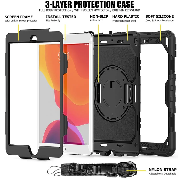 For iPad 10.2 (2020) / (2019) 360° Swivel Kickstand PC + Silicone Tablet Case Hand Strap Protective Cover with Shoulder Strap - All Black-Cellmalls