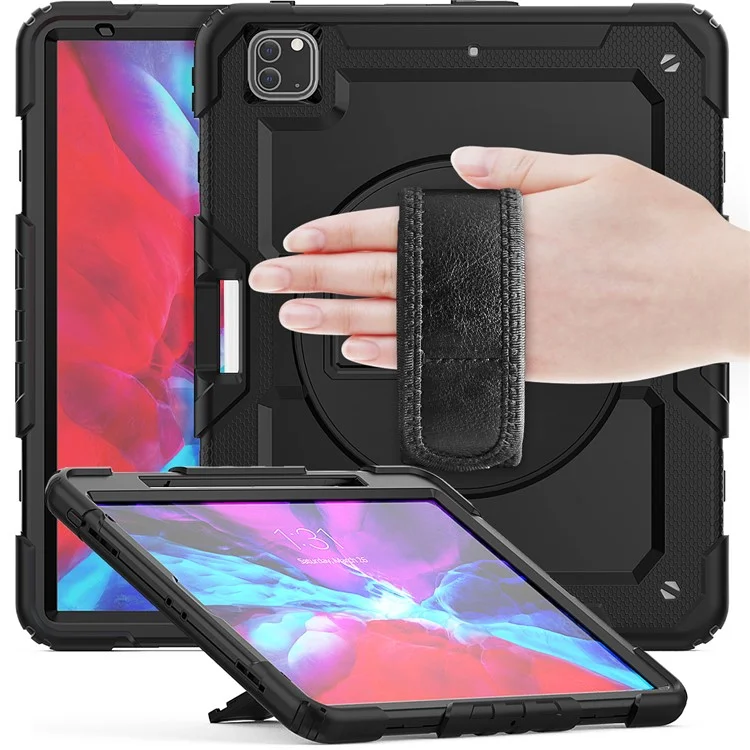 Tablet Case for iPad Pro 12.9 (2022) / (2021) / (2020) / (2018) Swivel Kickstand Hand Strap PC + Silicone Cover with Shoulder Strap - Black-Cellmalls