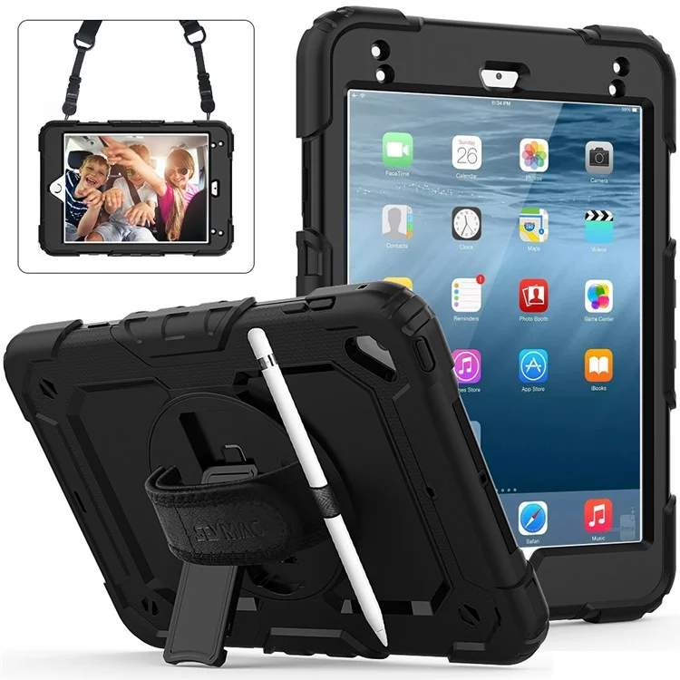 360° Swivel Handy Strap PC Silicone Kickstand Case with Shoulder Strap + Screen Protector for iPad mini (2019) 7.9 inch / mini 4 - Black-Cellmalls