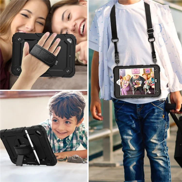 360° Swivel Handy Strap PC Silicone Kickstand Case with Shoulder Strap + Screen Protector for iPad mini (2019) 7.9 inch / mini 4 - Black-Cellmalls