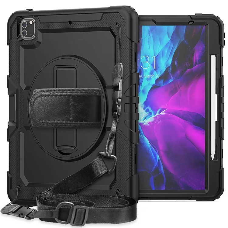 Tablet Case for iPad Pro 12.9 (2022) / (2021) / (2020) / (2018) Swivel Kickstand Hand Strap PC + Silicone Cover with Shoulder Strap - Black-Cellmalls
