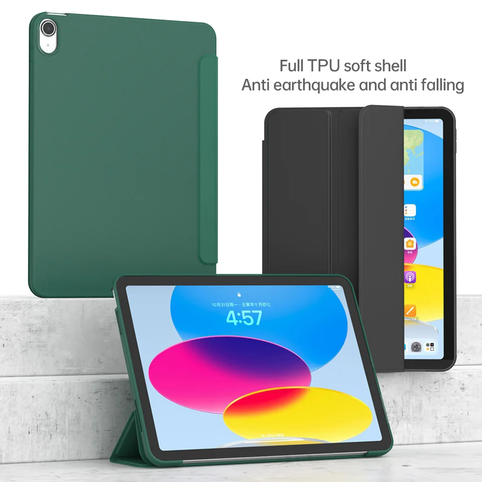 For iPad (2025) / 10.9 (2022) Trifold Stand Tablet Case Auto Wake / Sleep PU Leather Soft TPU Magnetic Shockproof Cover - Green-Cellmalls
