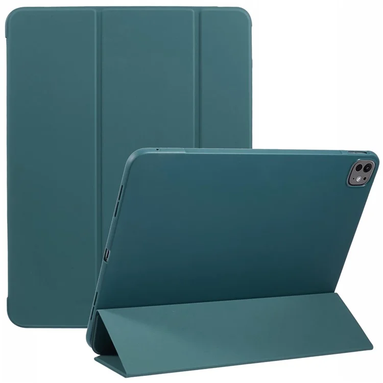 For iPad Pro 13 (2024) Case PU Leather Tri-Fold Stand Tablet Cover Auto Wake / Sleep - Midnight Green-Cellmalls
