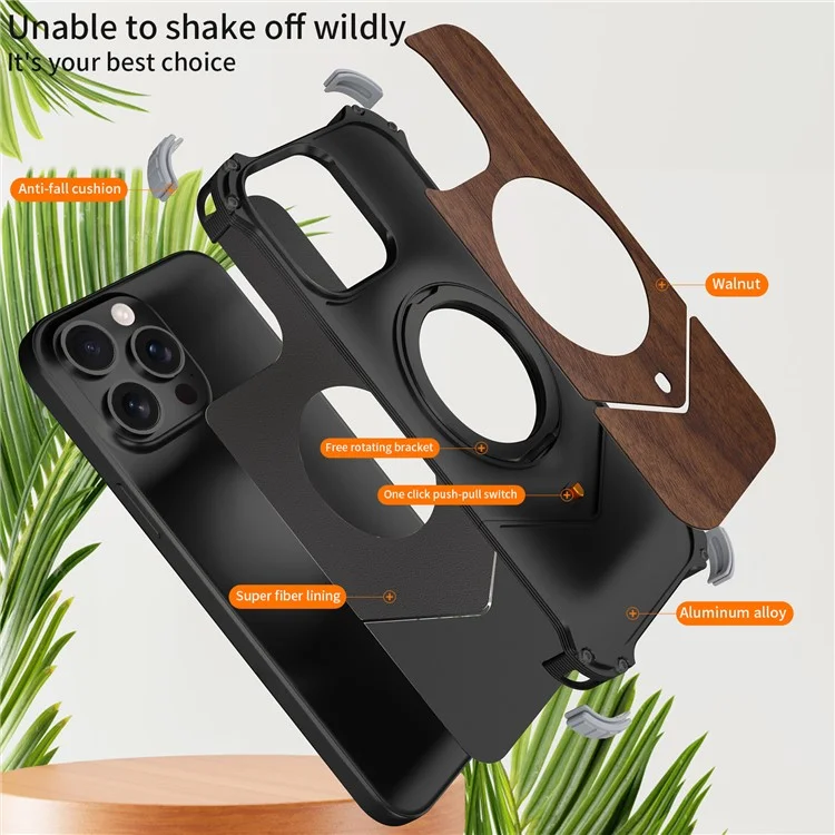 For iPhone 13 Pro Max Case Wood Covered Metal Boardless Phone Back Cover with Kickstand - Black-Cellmalls
