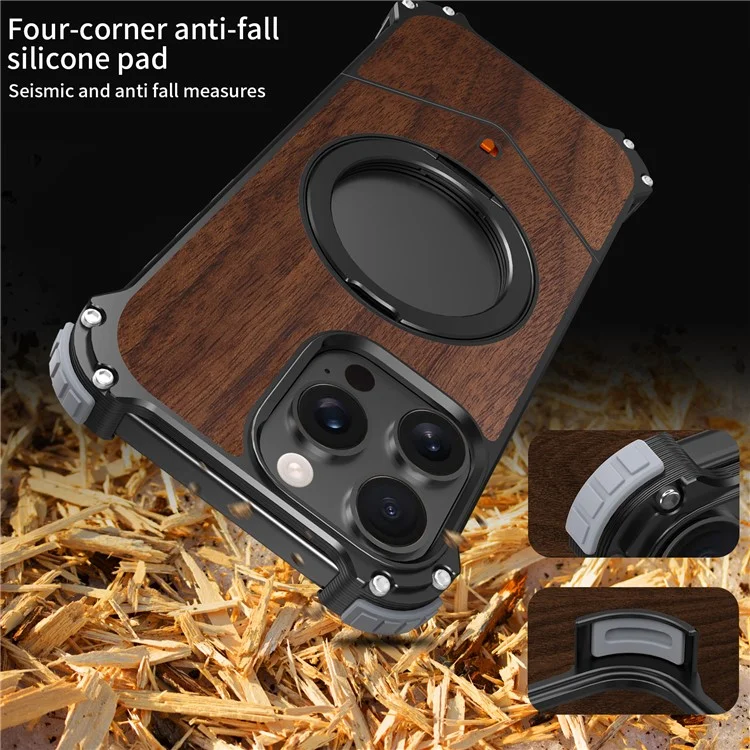 For iPhone 14 Pro Max Magnetic Case Wood Covered Metal Boardless Phone Back Cover with Kickstand - Black-Cellmalls