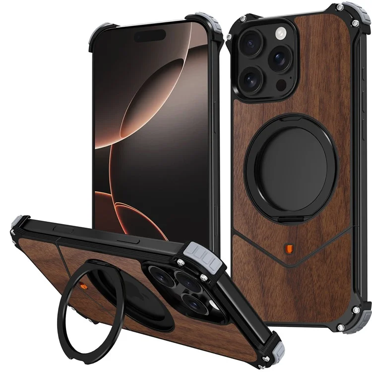 For iPhone 16 Pro Max Magnetic Case Wood + Metal Boardless Phone Back Cover with Ring Kickstand - Dark Brown-Cellmalls