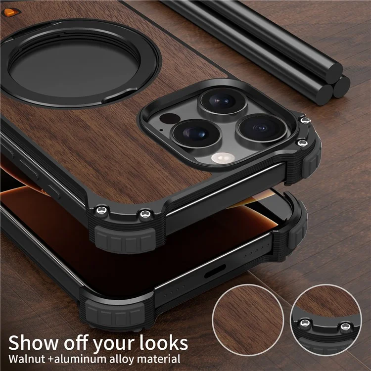 For iPhone 15 Pro Max Magnetic Case Wood Covered Metal Boardless Phone Back Cover with Kickstand - Black-Cellmalls